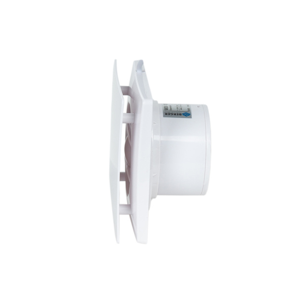 Wentylator łazienkowy Berger Ventilatoren cichy fi 125 z panelem przednim białym i klapą zwrotną.