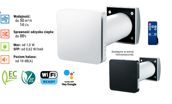Rekuperator ścienny VENTO INHOME sterowanie WI-FI z odzyskiem ciepła Biały