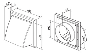 Wylot ścienny 154x154 mm z zaworem zwrotnym, okapem i kołnierzem Ø 100 mm, biały
