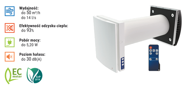 Rekuperator ścienny fi 160 VENTO Expert A50-1 S10 Pro z pilotem