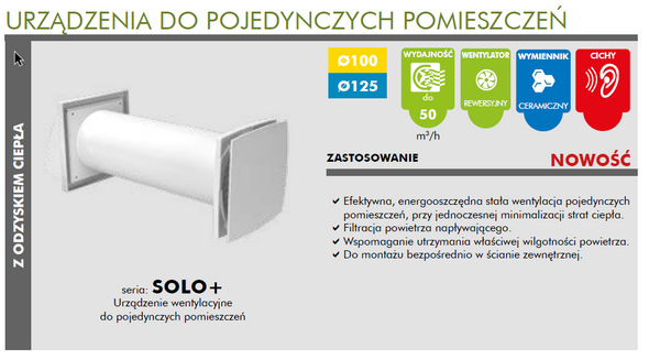 Rekuperator Ścienny SOLO+ 100 mm VENTS z pilotem